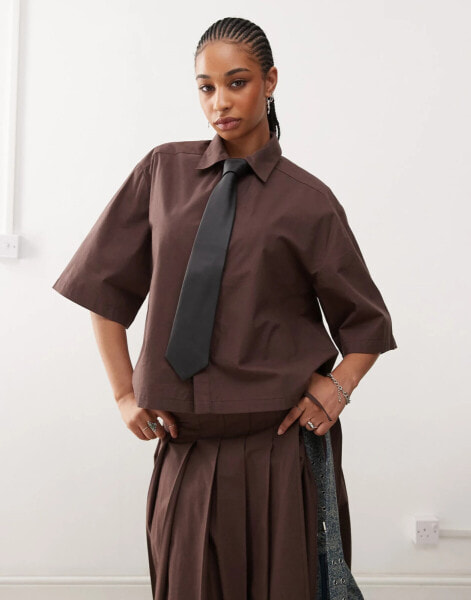 COLLUSION oversized boxy short sleeve shirt co ord in chocolate