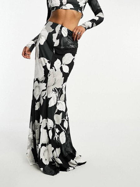 Day 6 puddle length maxi skirt co-ord in black rose print