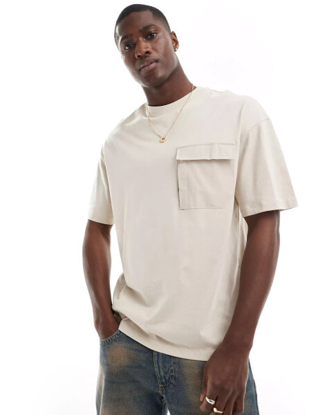 Jack & Jones oversized nylon pocket t-shirt in beige