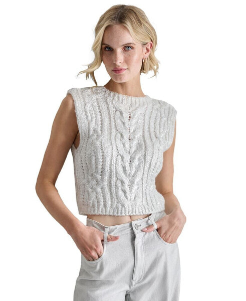 Petite Cropped Cable-Knit Metallic-Threaded Sleeveless Sweater