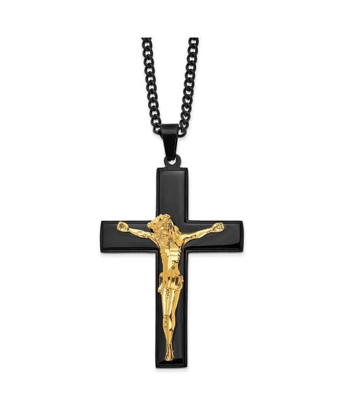Chisel black and Yellow IP-plated Crucifix Pendant Curb Chain Necklace
