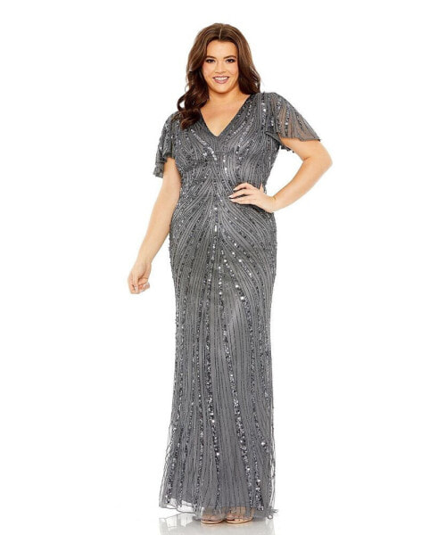 Plus Size Flutter Sleeve Embellished Gown