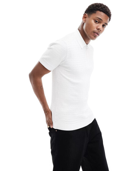 River Island muscle fit pointelle polo shirt in white