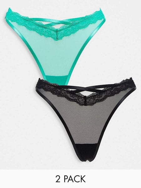 ASOS DESIGN 2 pack Tara lace & mesh thong in black & bright green