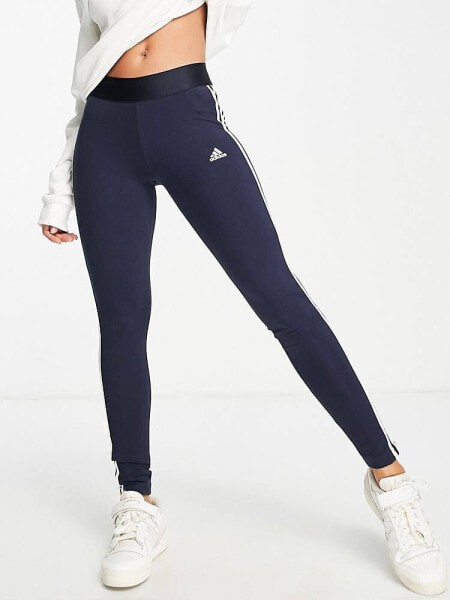 adidas Training Essential 3 stripe leggings in navy