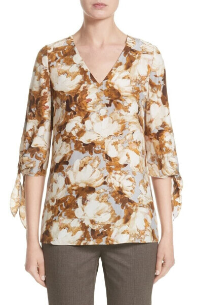 Lafayette 148 New York 161535 Women's Kenna Floral Silk Blouse Gray/Multi Sz. M