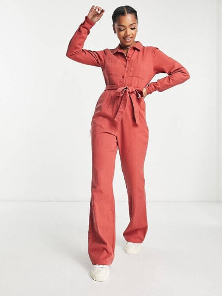 ASOS DESIGN long sleeve twill boilersuit with collar in rust