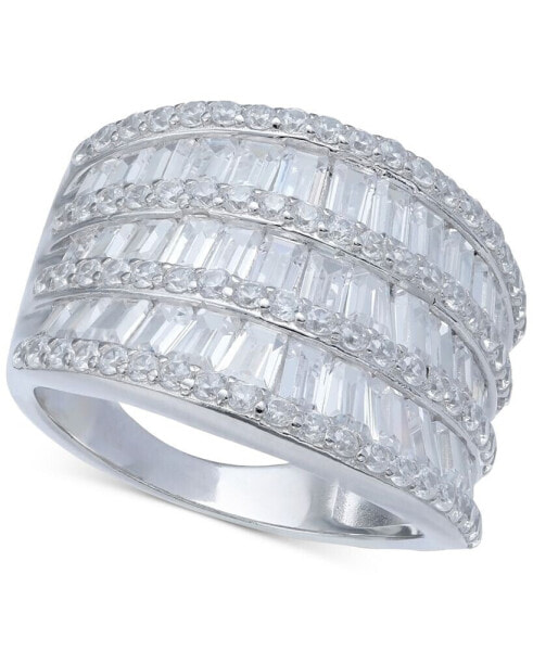 Cubic Zirconia Three Row Baguette Statement Ring in Sterling Silver
