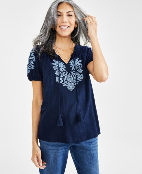 Petite Vacay Embroidered Tassel-Tie Top, Created for Macy's