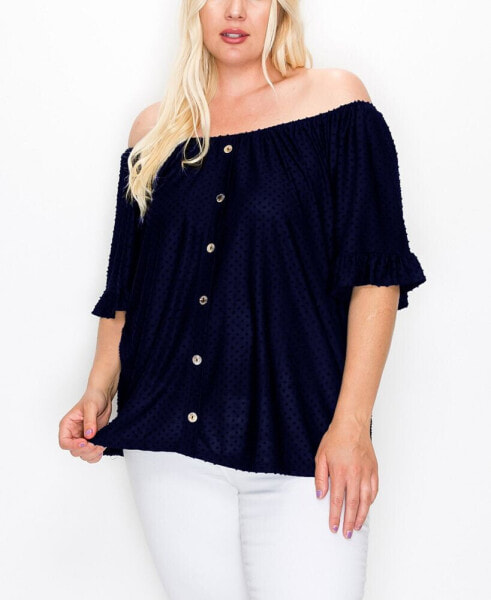 Plus Size Swiss Dot Button Front Ruffle Sleeve Top