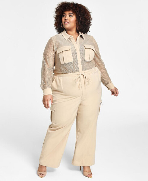 Trendy Plus Size Mesh-Top Jumpsuit