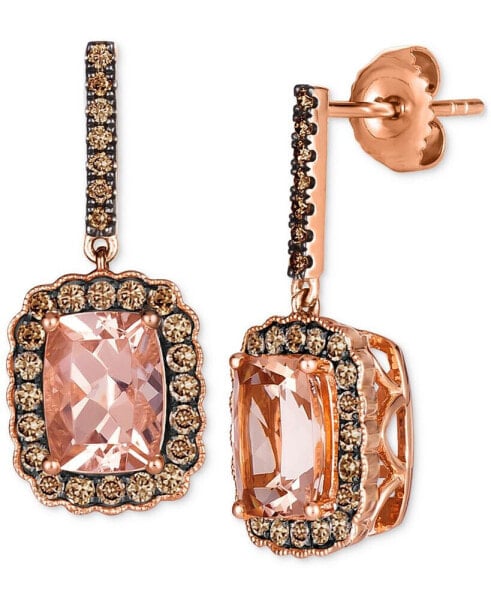 Chocolatier® Peach Morganite (2-1/8 ct. t.w.) & Chocolate Diamond (1/2 ct. t.w.) Halo Drop Earrings in 14k Rose Gold