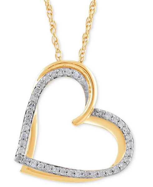 Diamond Diagonal Double Heart Pendant Necklace (1/4 ct. t.w.) in Sterling Silver & 14k Gold-Plate, 16" + 2" extender