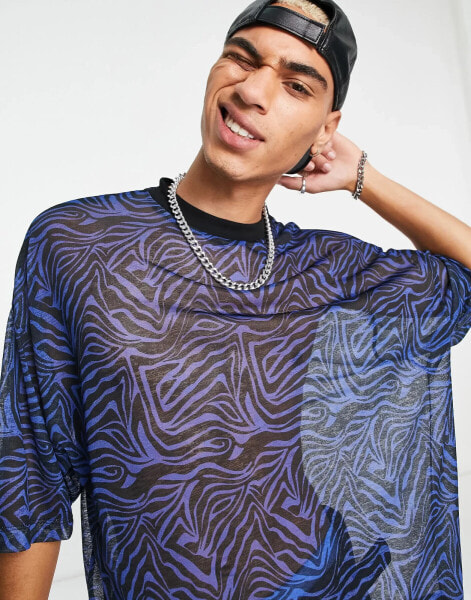 ASOS DESIGN oversized t-shirt in blue and black sheer fabric