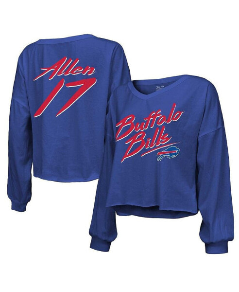 Women's Threads Josh Allen Royal Distressed Buffalo Bills Name and Number Off-Shoulder Script Cropped Long Sleeve V-Neck T-shirt