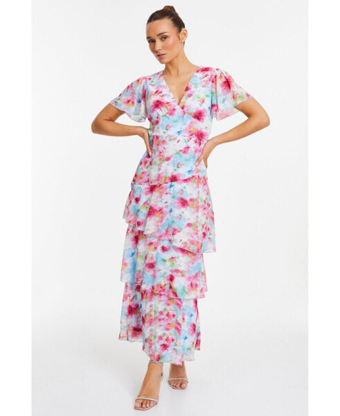 Women's Chiffon Floral V-Neck Frill Maxi Dress