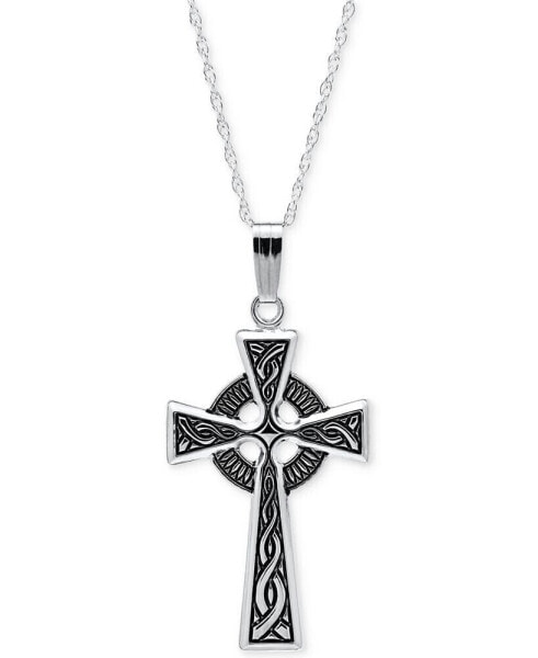 Embossed Celtic Cross Pendant Necklace with Antique Finish in Sterling Silver