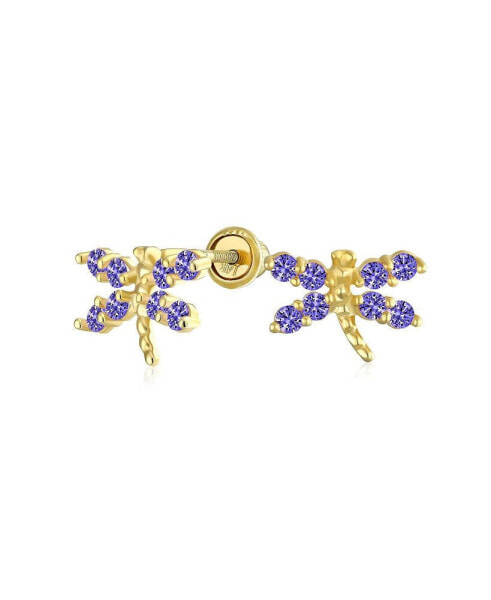 CZ Tiny Cubic Zirconia Royal Blue Royal Blue CZ Dragonfly Firefly Butterfly Stud Earrings14K Yellow Gold Screw back