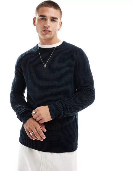 Brave Soul knitted crew neck rib top in navy