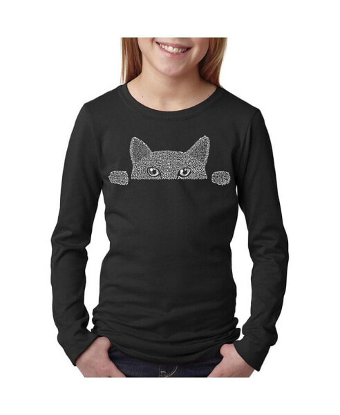 Big Girl's Word Art Long Sleeve T-Shirt - Peeking Cat