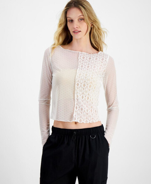 Juniors' Boat-Neck Long-Sleeve Mesh Top