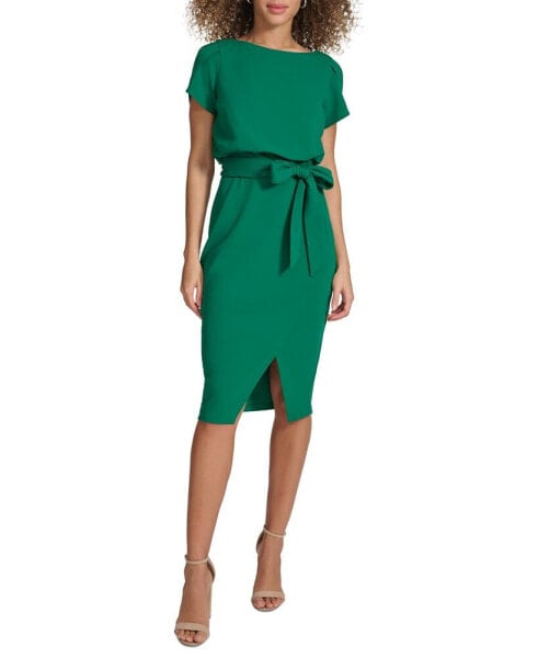 Women's Tulip-Sleeve Tie-Waist Sheath Dress