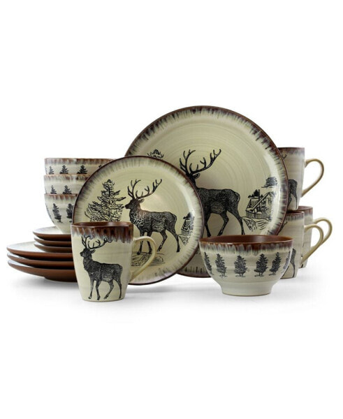 Majestic Elk 16 Piece Luxurious Stoneware Dinnerware Set