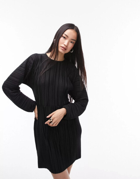 Topshop – Plissee-Minikleid in Schwarz mit Ballonärmeln