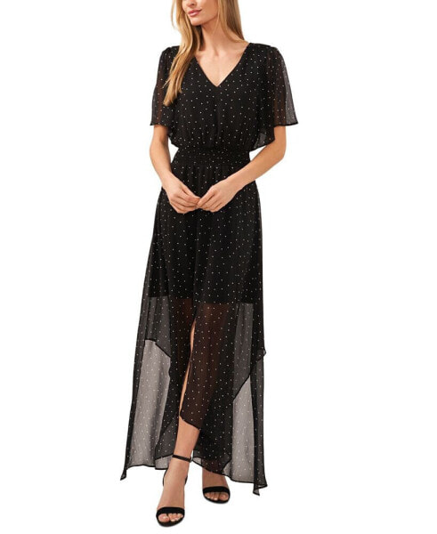 Women's Polka Dot Flutter-Sleeve Maxi Dress