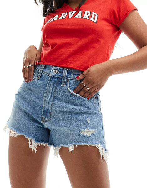 Abercrombie & Fitch Curve Love mom fit denim short in mid blue