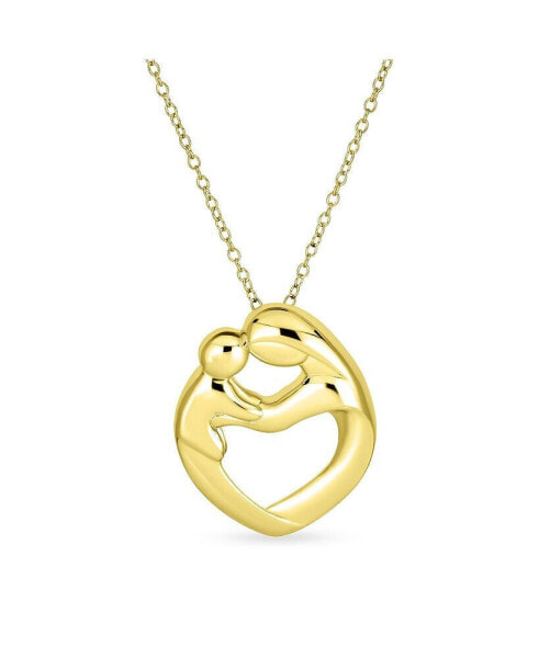 Family Parent New Mother Mom Loving Son Child Daughter Heart Shaped Pendant Necklace For Women Yellow Gold Plated .925 Sterling Silver
