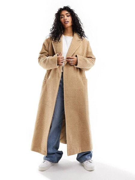 ASOS DESIGN strong shoulder coat in camel boucle