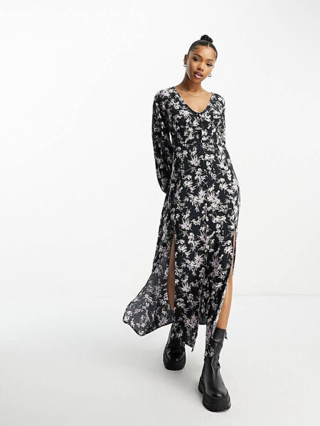 Miss Selfridge long sleeve button through maxi dress in trailing floral 