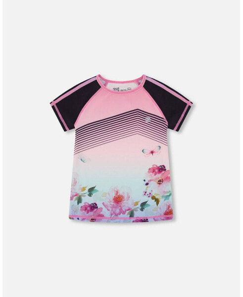 Girl Short Sleeve Athletic Top Gradient Pink Printed Big Flowers - Toddler|Child