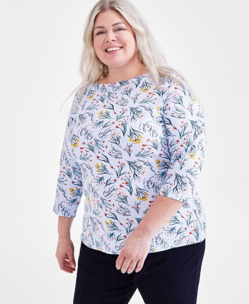 Plus Size Printed Pima Cotton 3/4-Sleeve Top, Created for Macy's