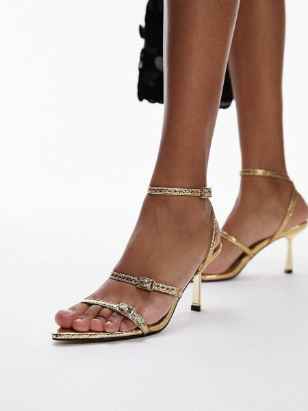 Topshop Isabelle strappy heeled sandal with buckle detail in gold lizard