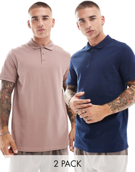 ASOS DESIGN 2 pack pique polo shirts in brown and navy