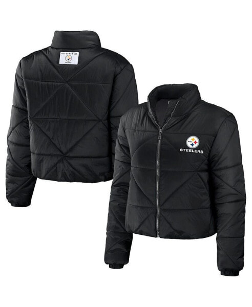 Women's Black Pittsburgh Steelers Cropped Puffer Full-Zip Jacket