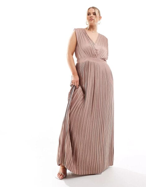 TFNC Plus Bridesmaid satin pleated maxi dress in rose brown