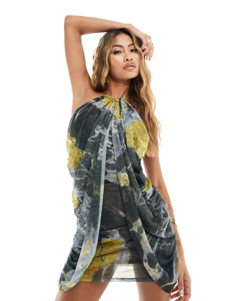 ASOS DESIGN mesh draped halter mini dress in grey smudge print