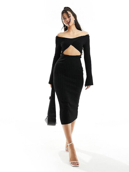 NA-KD wrap back detail knitted midi dress in black