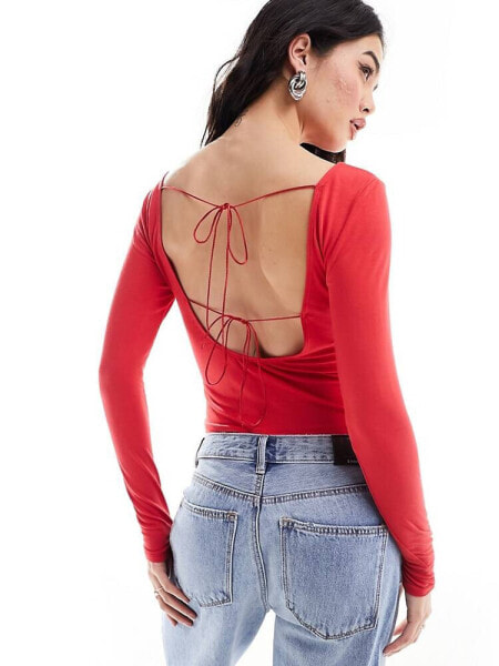Miss Selfridge backless top with ties in red