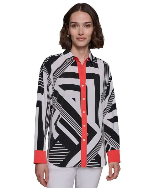 Women's Geo-Print Oversized Button-Down Top