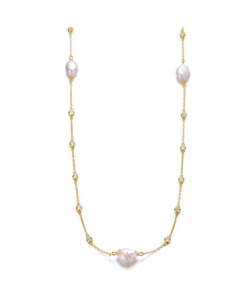 Sterling Silver 14k Yellow Gold Plated Baroque Pearl Bead Station Necklace, Adjustable Length