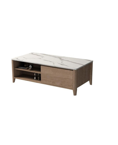Farmhouse Double Drawer Coffee Table, Tobacco Wood & White Marble