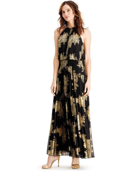 Petite Pleated Gold-Print Gown