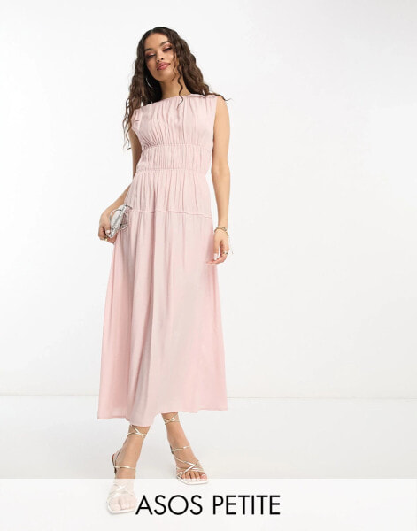 ASOS DESIGN Petite high neck drawstring detail midi dress in light pink