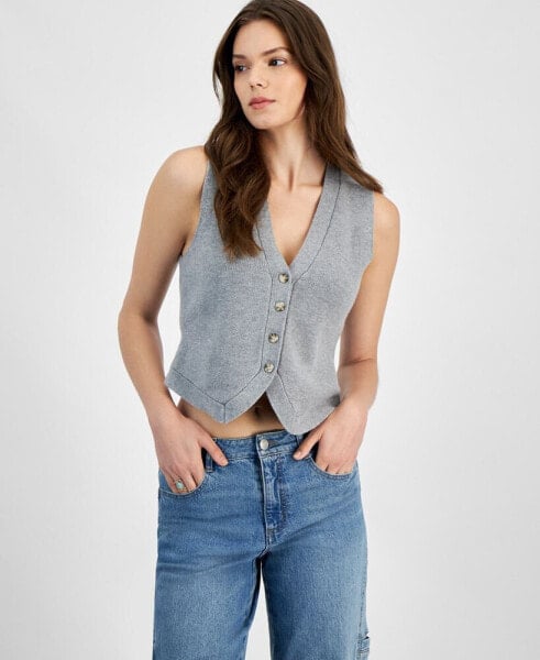 Juniors' V-Neck Button-Front Sweater Vest