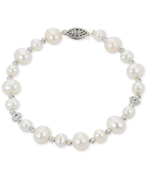 Cultured Freshwater Pearl (5-6 & 8-9mm) & Crystal Bracelet in Sterling Silver