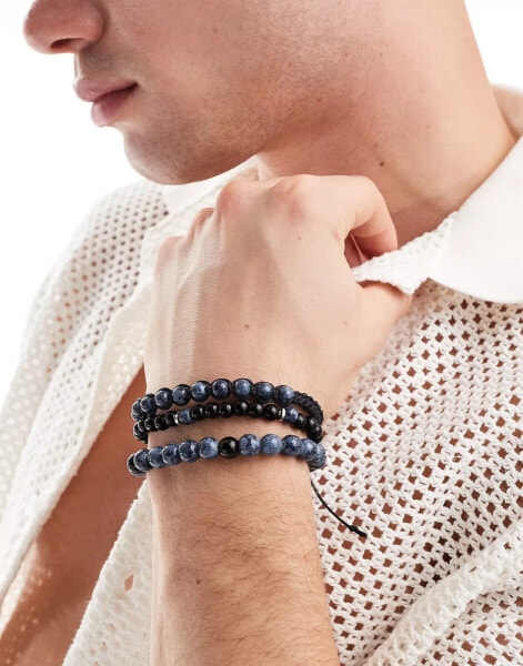 ASOS DESIGN 3 pack beaded bracelet set in navy